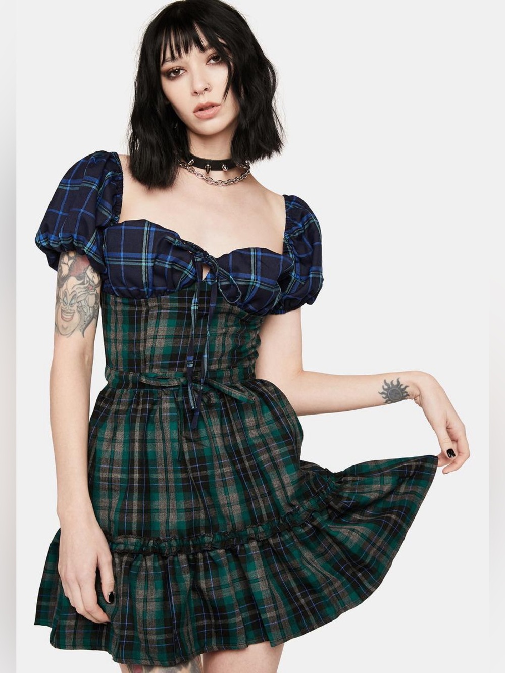 Dollskill Plaid Blue Green Black Gothic Babydoll Puff Sleeve Corset Mini Dress